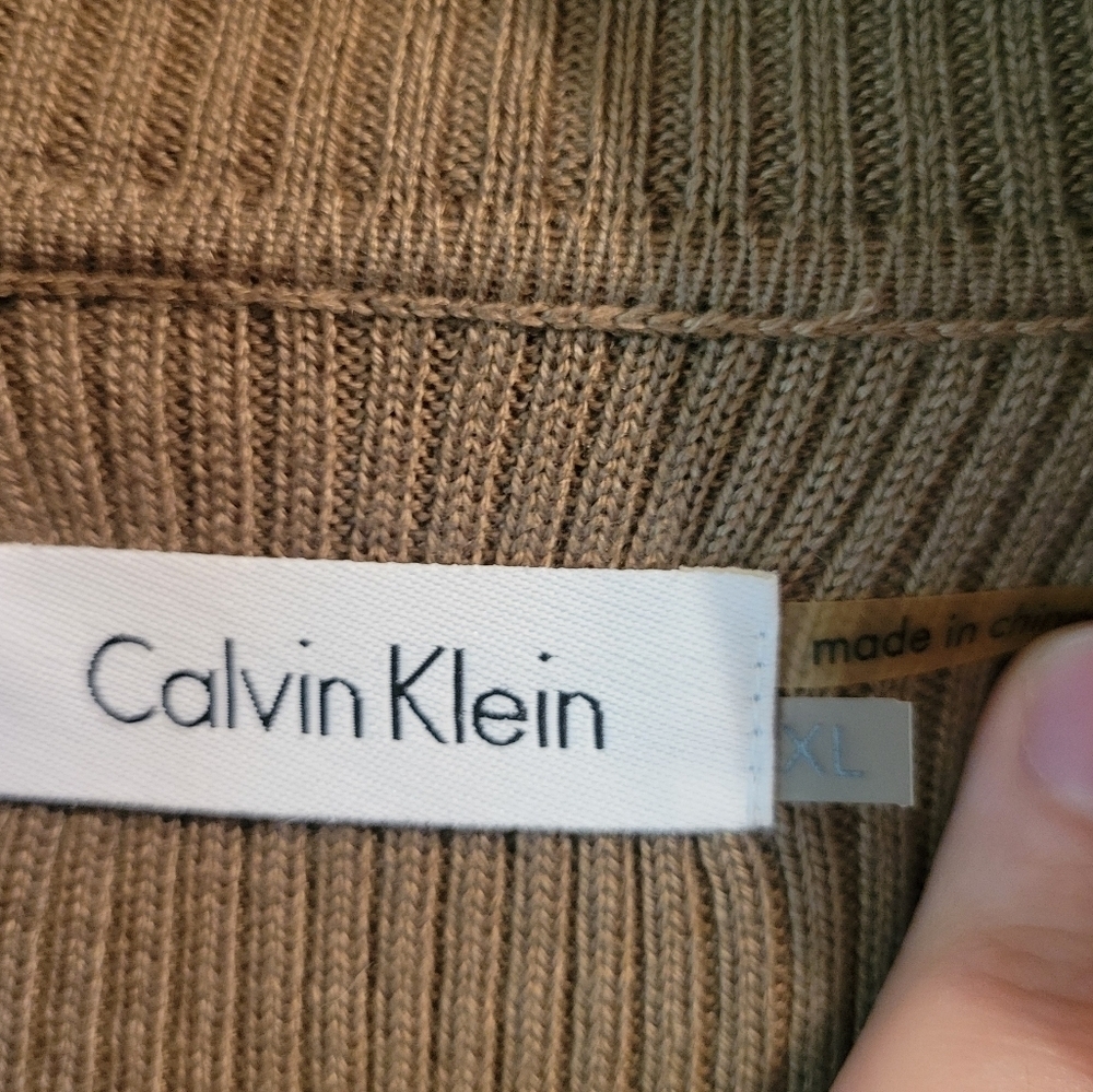 Calvin Klein Tan Cowl Neck Long Sleeve Pleated Sweater Dress - Picture 6 of 8